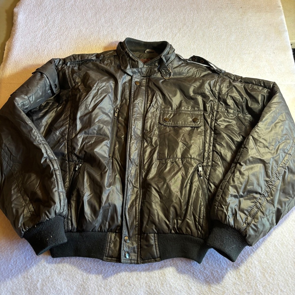 Vintage UPSTREAM RACING‎ DIVISION Mens Bomber Jacket Black Shiny Retro Style L